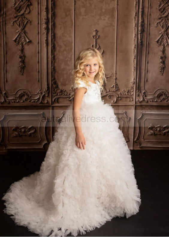 Cap Sleeves Ivory Lace Tulle Ruffled Stunning Flower Girl Dress